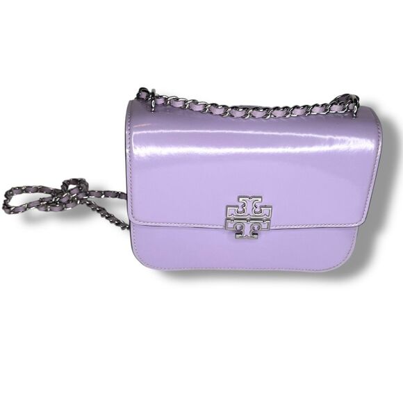 Tory Burch Purple Lavender Patent Leather Silver Logo Chain Britten Shoulder Bag - Picture 2 of 13